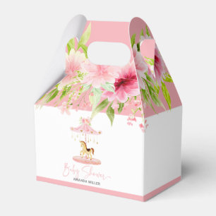 Baby shower Typografie Roze Bloemen Pony Carrousel Bedankdoosjes