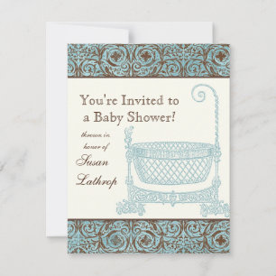 Baby shower Uitnodigen - Blauw Bruin Damask Cradle Kaart