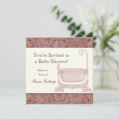 Baby shower Uitnodigen - Roze Bruin Damask Cradle Kaart (Staand voorkant)