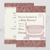 Baby shower Uitnodigen - Roze Bruin Damask Cradle Kaart (Voorkant / Achterkant)