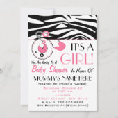 baby shower uitnodigen - Roze dunne pins en zebra  Kaart (Voorkant)