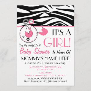 baby shower uitnodigen - Roze dunne pins en zebra Kaart