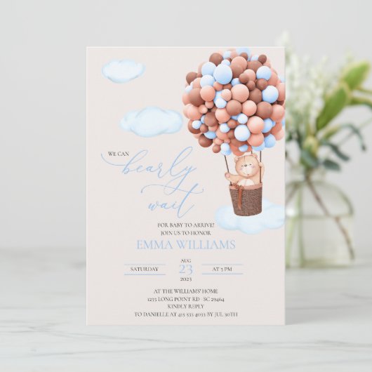 Baby Shower Uitnodiging Beer blauwe Beer kan bijna (Staand voorkant)