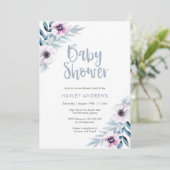Baby shower uitnodiging blauw paarse bloemen (Staand voorkant)
