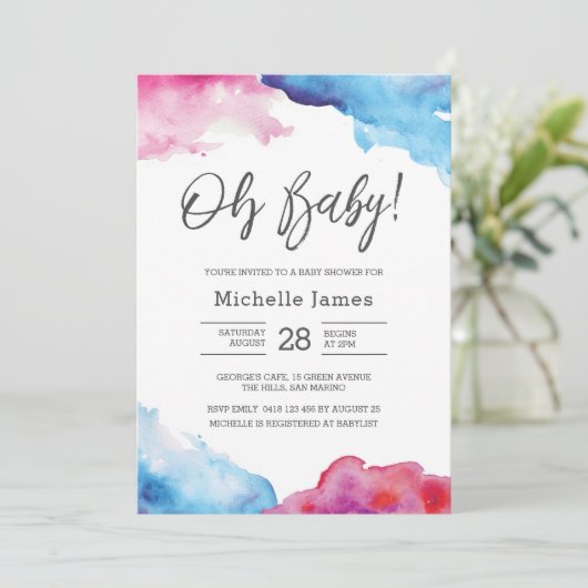 baby shower Uitnodiging | Blauwe en roze waterverf (Staand voorkant)