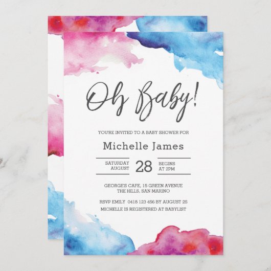 baby shower Uitnodiging | Blauwe en roze waterverf (Voorkant / Achterkant)