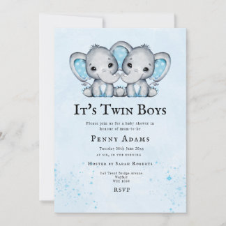 Baby Shower Uitnodiging Blauwe Olifanten Tweeling