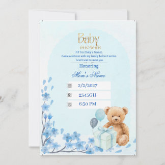 Baby Shower Uitnodiging | Blauwe Teddybeer Bab