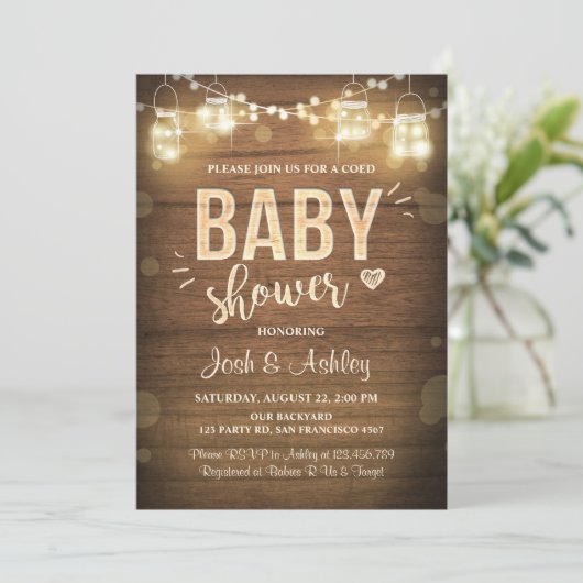 Baby shower uitnodiging Coed rustiek hout Mason Ja (Staand voorkant)