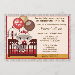 baby shower-uitnodiging GIRL Sock MONKEY Wieg SMC- Kaart