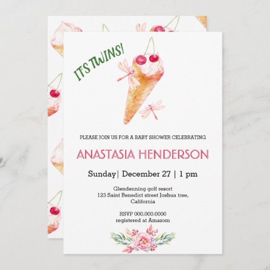 Baby shower uitnodiging. Het is tweeling! Uitnodig (Voorkant / Achterkant)