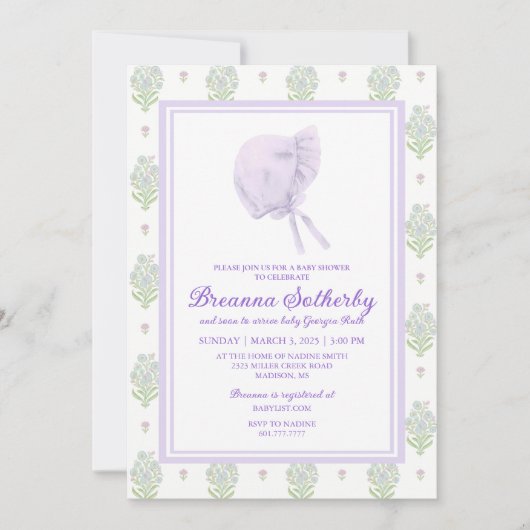 Baby shower Uitnodiging Lavendel met Bonnet (Voorkant)