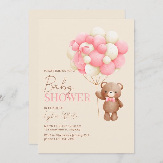 Baby shower Uitnodiging Meisje, Roze Baby Teddybee (Voorkant / Achterkant)
