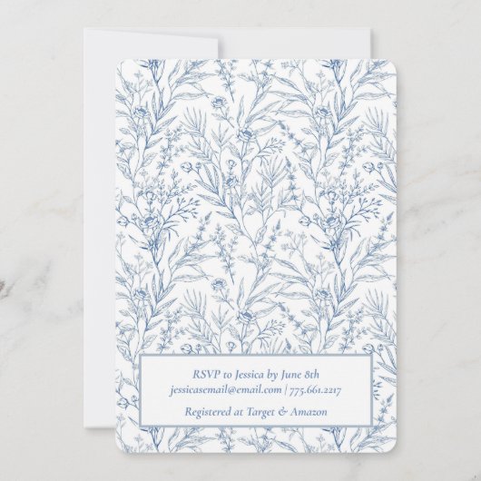 Baby Shower-uitnodiging met blauwe botanische lijn Kaart (Achterkant)