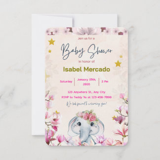 Baby Shower Uitnodiging met Bloemige Olifant.
