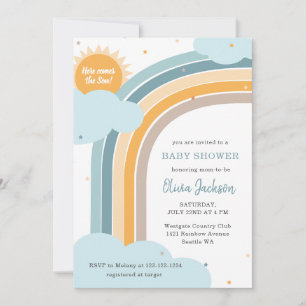 Baby shower uitnodiging met regenboog, zon en wolk