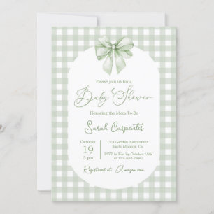 Baby shower uitnodiging met strik in salie groen