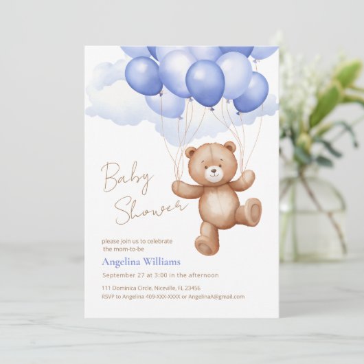 Baby shower uitnodiging met teddybeer. (Staand voorkant)