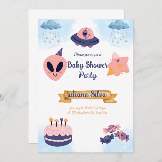 Baby shower Uitnodiging Roze buitenaardse uitnodig (Voorkant / Achterkant)