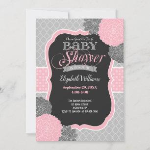 Baby shower uitnodiging roze en grijze bloemen