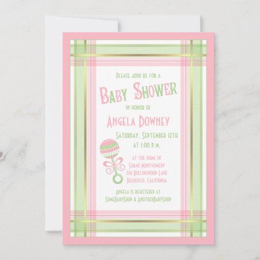 Baby shower Uitnodiging Roze Groene Pset Rattle (Voorkant)
