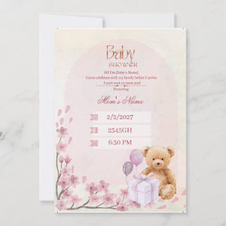 Baby Shower Uitnodiging | Roze Teddybeer Bab