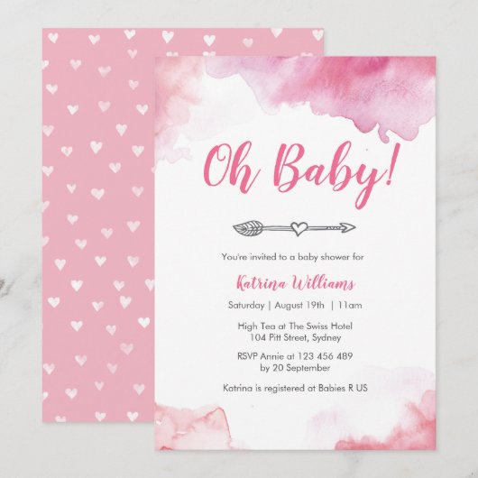 baby shower uitnodiging Roze waterverf boho arrow (Voorkant / Achterkant)