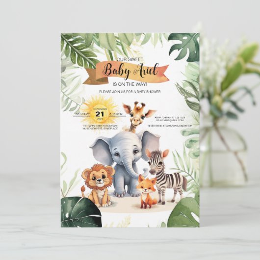 Baby shower uitnodiging schattig oerwoud safari di (Staand voorkant)