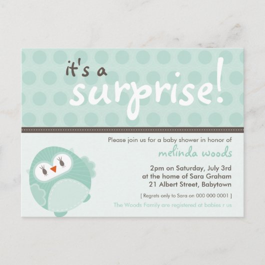 BABY SHOWER UITNODIGING:: surprise uil 3 Uitnodiging Briefkaart (Voorkant)