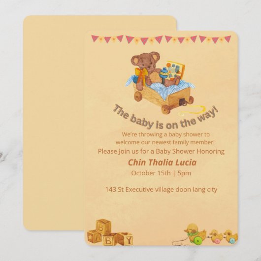 Baby shower Uitnodiging Teddybeer (Voorkant / Achterkant)