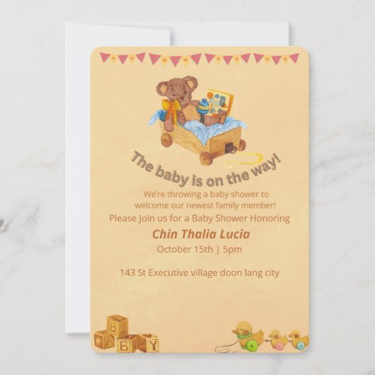 Baby shower Uitnodiging Teddybeer (Voorkant)
