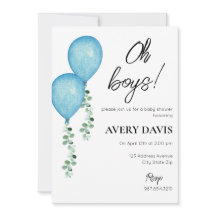 Baby shower Uitnodiging Twin Boys Blue Balloons