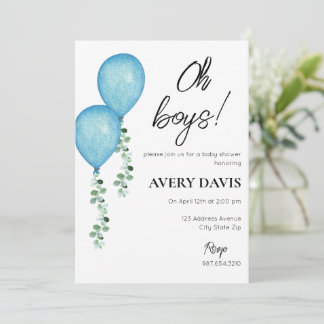 Baby shower Uitnodiging Twin Boys Blue Balloons