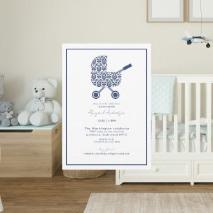 Baby shower uitnodiging van Navy Damask Pram