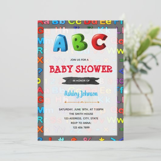 Baby shower-uitnodiging voor alfabeten kaart (Staand voorkant)