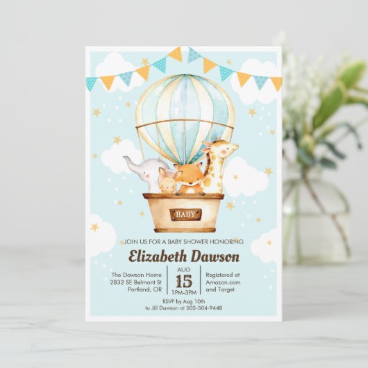 Baby shower-uitnodiging voor hot-luchtballon kaart (Staand voorkant)