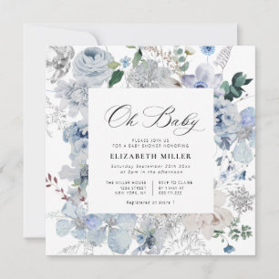 Baby shower-uitnodiging voor witte en blauwe flora kaart