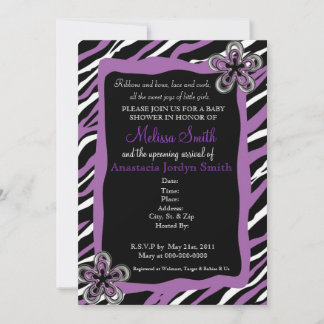 Baby shower-uitnodiging voor Zebra Print - Paars Kaart