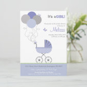 Baby shower Uitnodiging - wandelwagen & ballonnen (Staand voorkant)