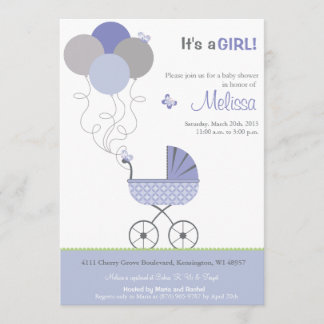 Baby shower Uitnodiging - wandelwagen & ballonnen