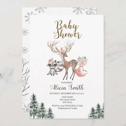 Baby shower-uitnodiging winterbos kaart (Voorkant / Achterkant)