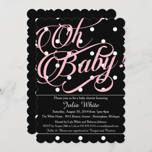 Baby shower Uitnodiging, zwart, wit en roze Stippe Kaart (Voorkant / Achterkant)