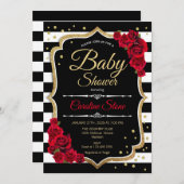 Baby shower Uitnodiging Zwart Witte Strepen Rozen (Voorkant / Achterkant)