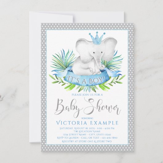 Baby Shower Uitnodigingen Jongen Olifant Prins (Voorkant)