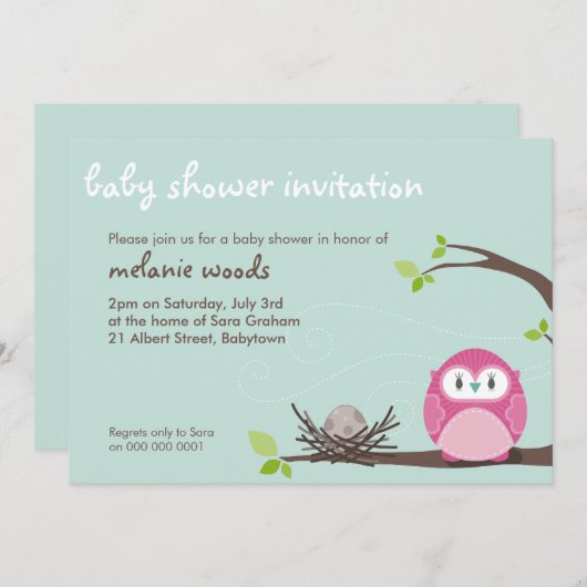 BABY SHOWER UITNODIGT :: uil + nest 2L Kaart (Voorkant / Achterkant)