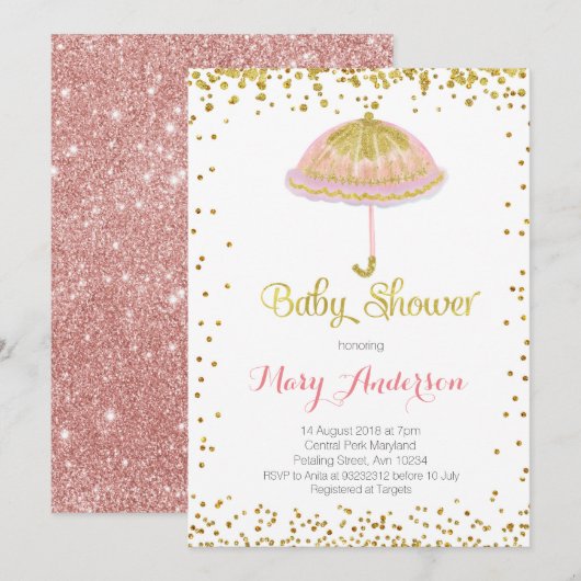 Baby shower Umbrella Invitation Gold Parties scint (Devant / Derrière)