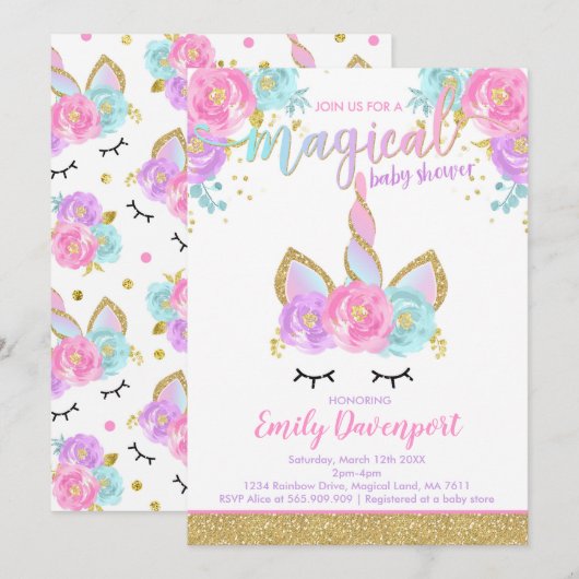 Baby shower Unicorn Invitation Baby shower magique (Devant / Derrière)