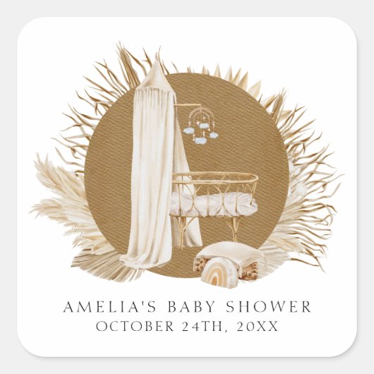 Baby shower van Boho Florals Vierkante Sticker (Voorkant)