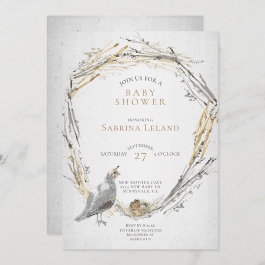 Baby shower van de Rustige Quail- en Baby Nest-Wat Kaart (Voorkant / Achterkant)