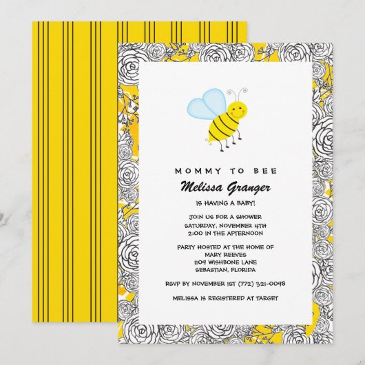 Baby shower van Floral Bumblebee Kaart (Voorkant / Achterkant)